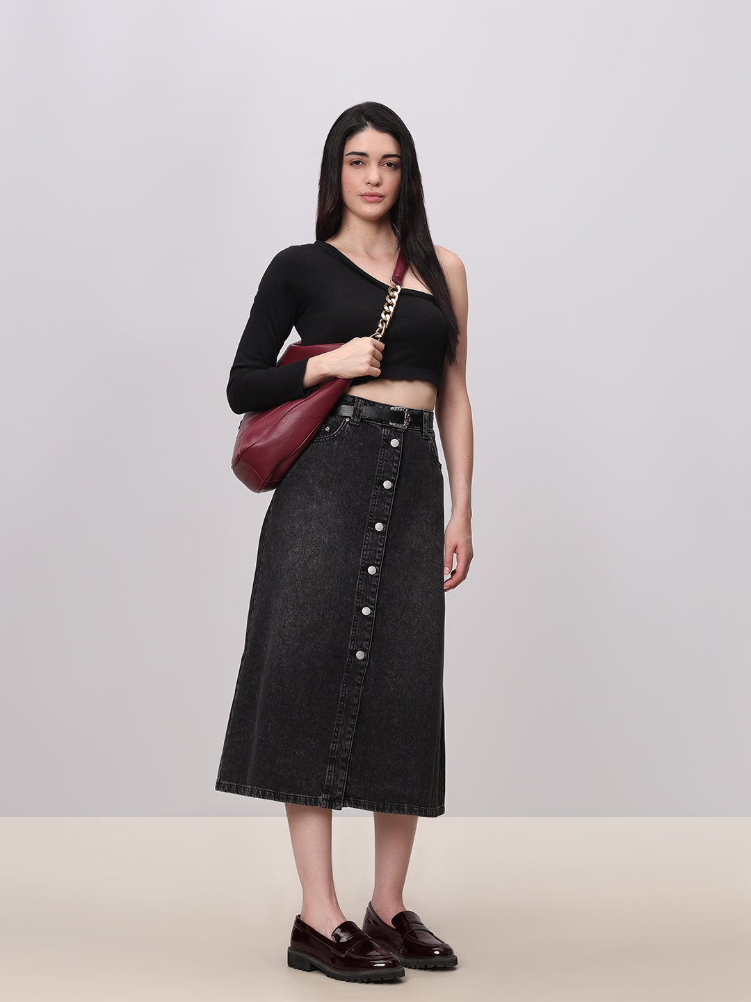 Black Button-Front Denim Skirt