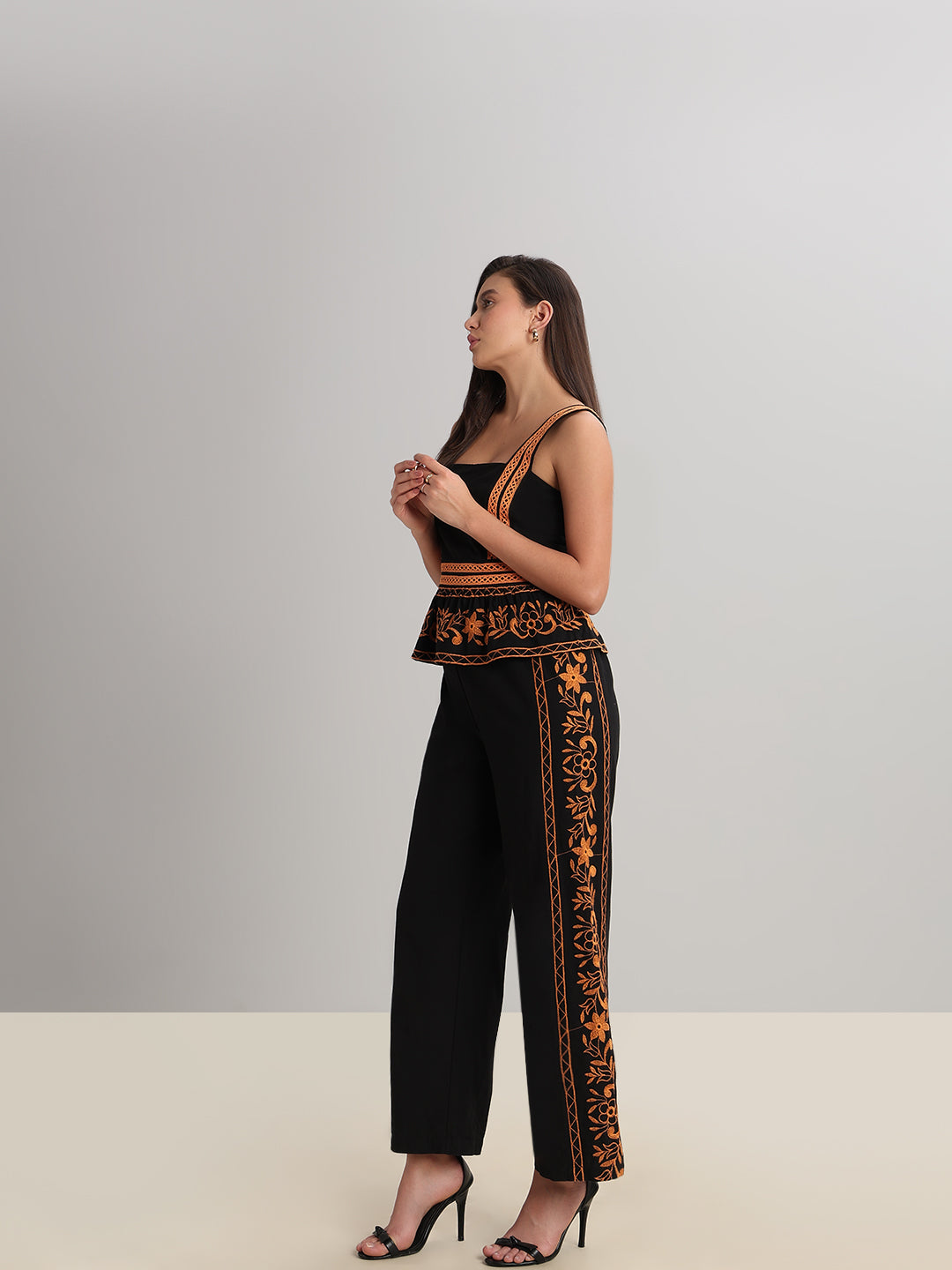 Black Contrast Embroidered Pants