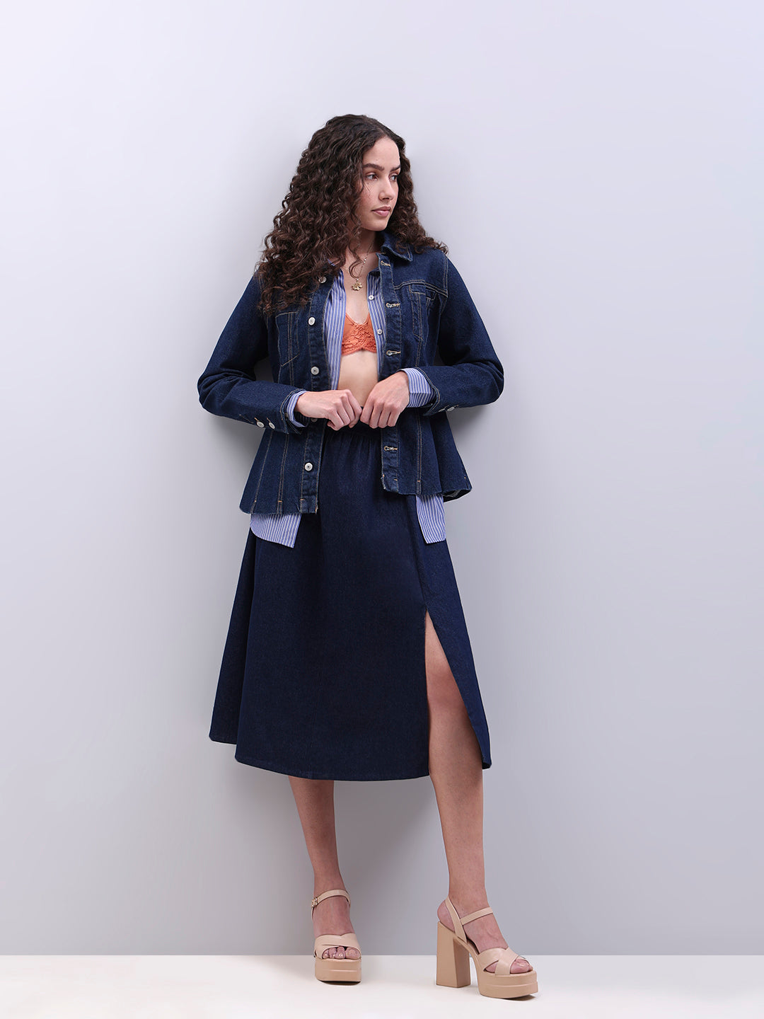 Dark Blue High Rise Denim Skirt