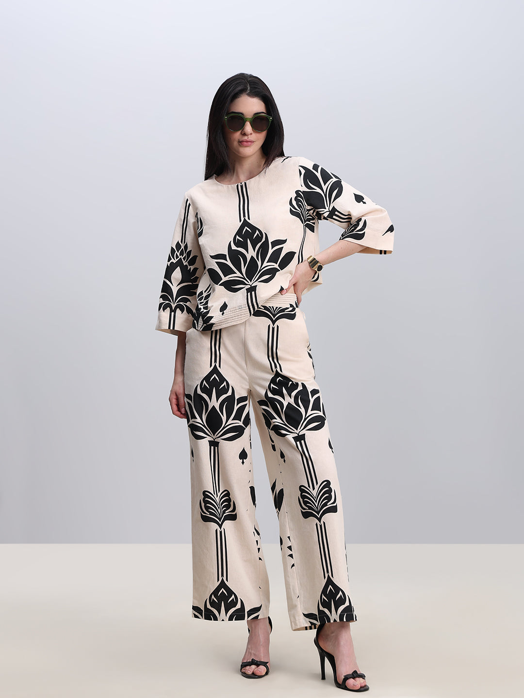 Ecru Printed High Rise Pants