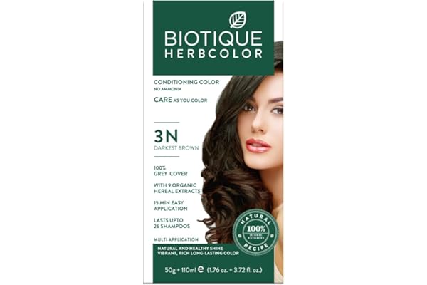 Biotique Herbcolor Conditioning Hair Colour l Ammonia Free Hair Color l 9 Organic Herbal Extracts l Natural and Healthy Shine l 50g + 110ml| Darkest Brown 3N (Pack of 1)