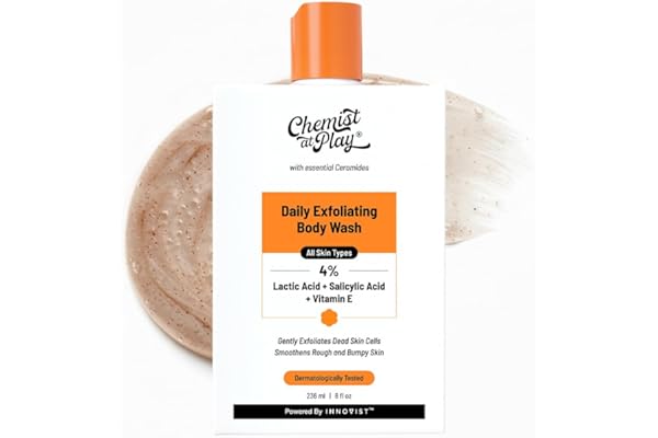 Chemist At Play Exfoliating Body Wash 236ml | Removes Tan, Fights Body Acne, Strawberry Skin | 4% (Salicylic Acid, Vitamin E & Lactic Acid) | Gentle Exfoliating Shower Gel For Women & Men