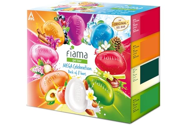 Fiama Gel Bathing Bar Mega Celebration Pack, With 8 Unique Gel Bars, 1000g (125g - Pack of 8), with Skin Conditioners For Moisturized Skin, Soap for Women & Men, For All Skin Types