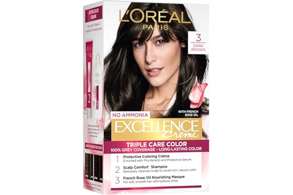 L'Oréal Paris Permanent Hair Colour, Radiant At-Home Hair Colour with up to 100% Grey Coverage, Pro-Keratin, Up to 8 Weeks of Colour, Excellence Crème, 3 Natural Darkest Brown, 72ml+100g