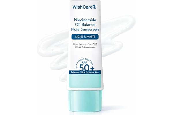 WishCare Niacinamide Oil Balance Fluid Sunscreen SPF 50 PA++++ In-Vivo Tested | 8Hrs+ SPF Protection | Lightweight, Matte & No White Cast | Sunscreen SPF 50 For Oily Skin, Sensitive, Dry & Combination Skin | For Women & Men | 50g